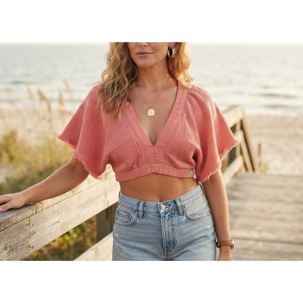 AERIE Crop Top Womens Pool 2 Party Flutter Sleeve Gauze Cotton Bright Coral Sz M